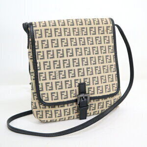 FENDI Zucchino Shoulder Bag Beige Tan Black